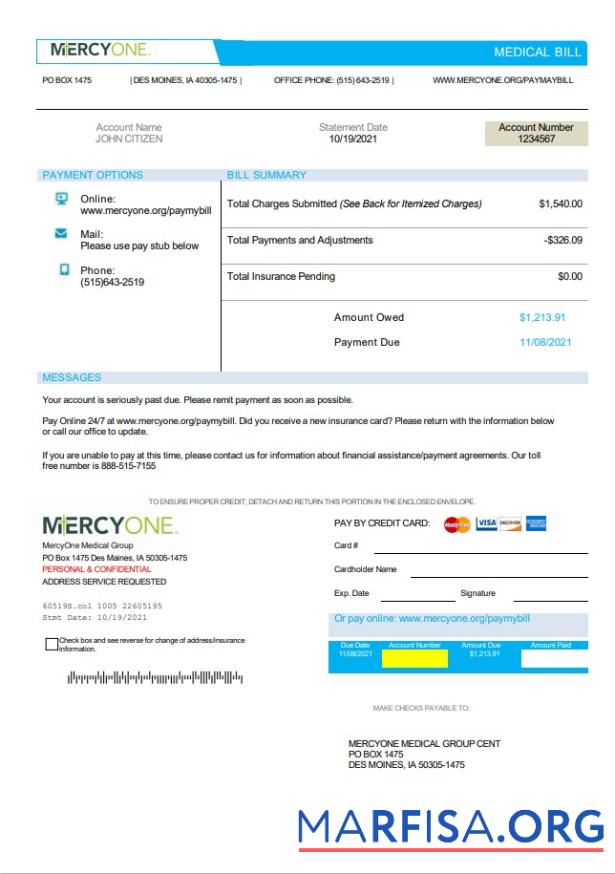 Downloadable USA Iowa MercyOne medical bill template in Word and PDF format